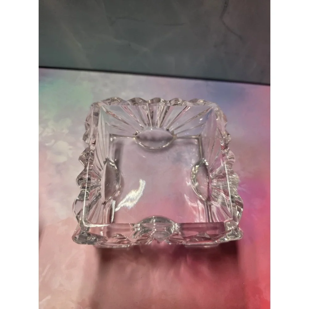 Vintage clear cut glass trinket box with a lid, Chip On Finial See Pics